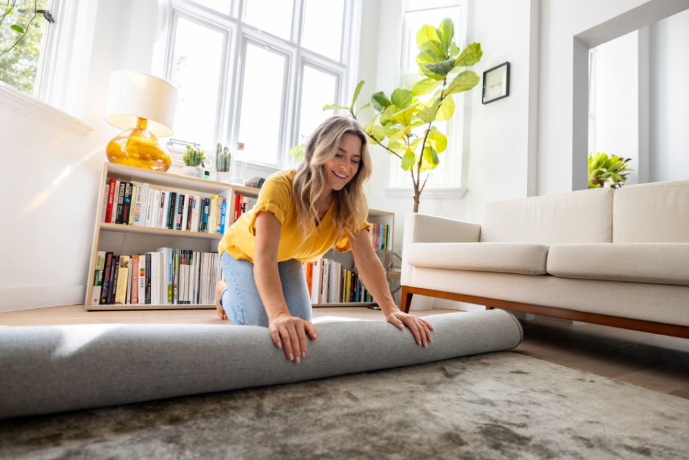 Happy woman moving house and unrolling a carpet while unpacking