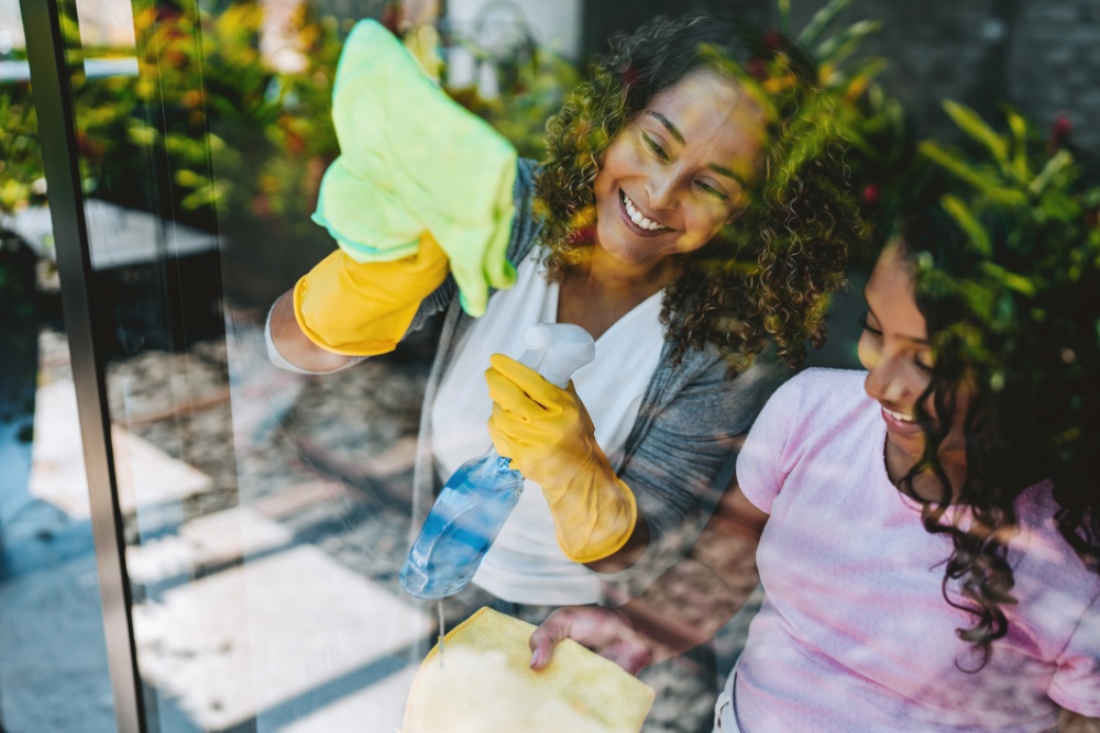 Mother teaching daughter household chores